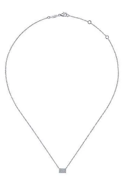 14K White Gold Baguette and Round Halo Rectangular Diamond Pendant Necklace