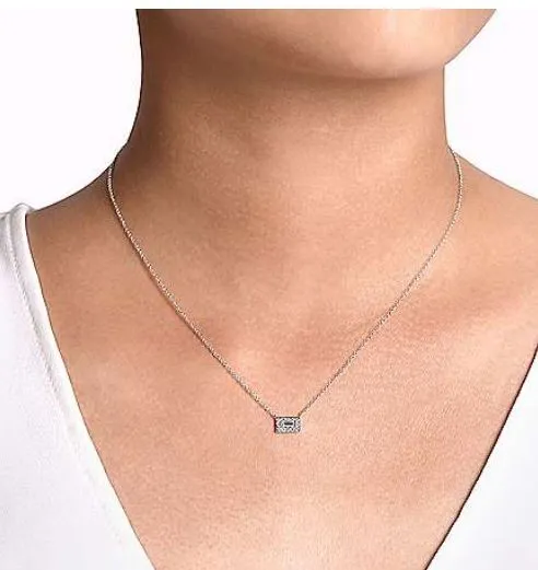 14K White Gold Baguette and Round Halo Rectangular Diamond Pendant Necklace