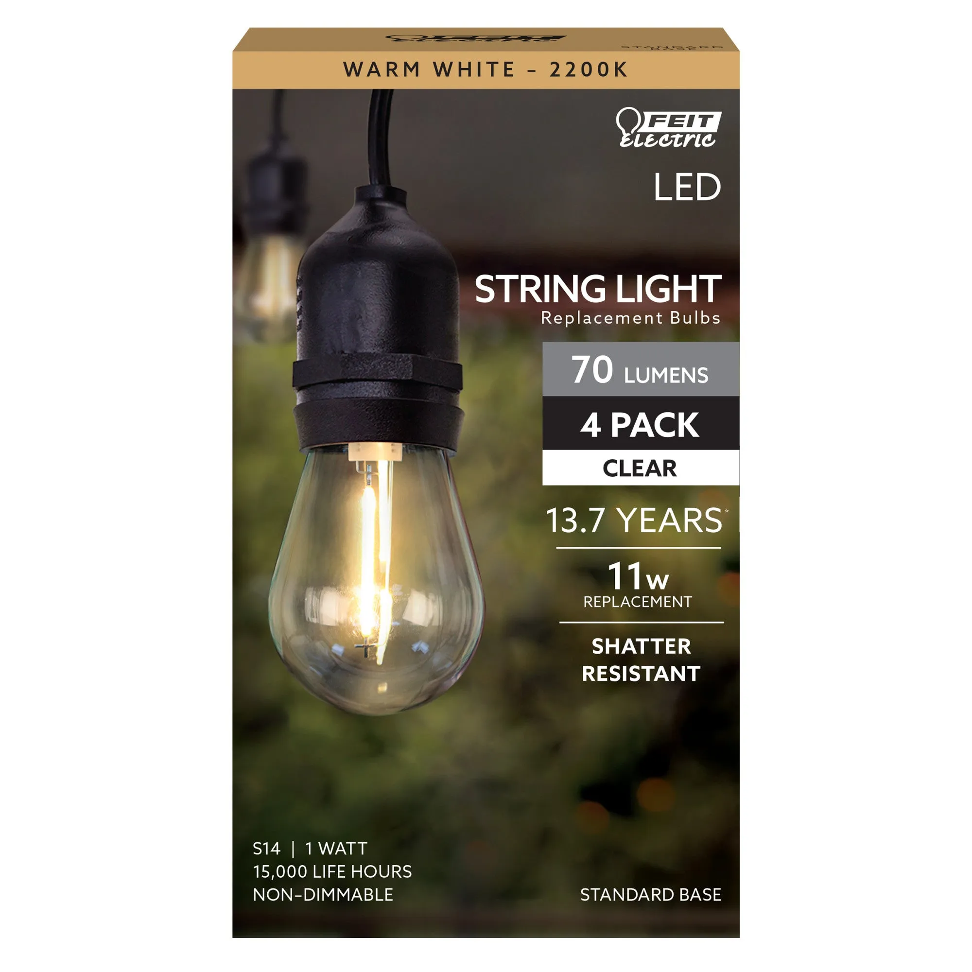 1W (11W Replacement) Warm White (2200K) E26 Base S14 Filament LED String Light Bulb Replacement (4-Pack)