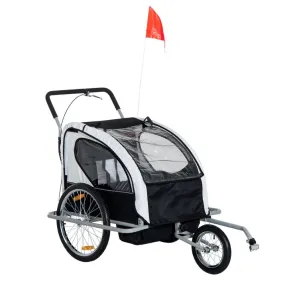 2 in 1 Child Bike Carrier Collapsible 2-Seater Jogger Stroller and Trailer W/ Pivot Wheel-Grey