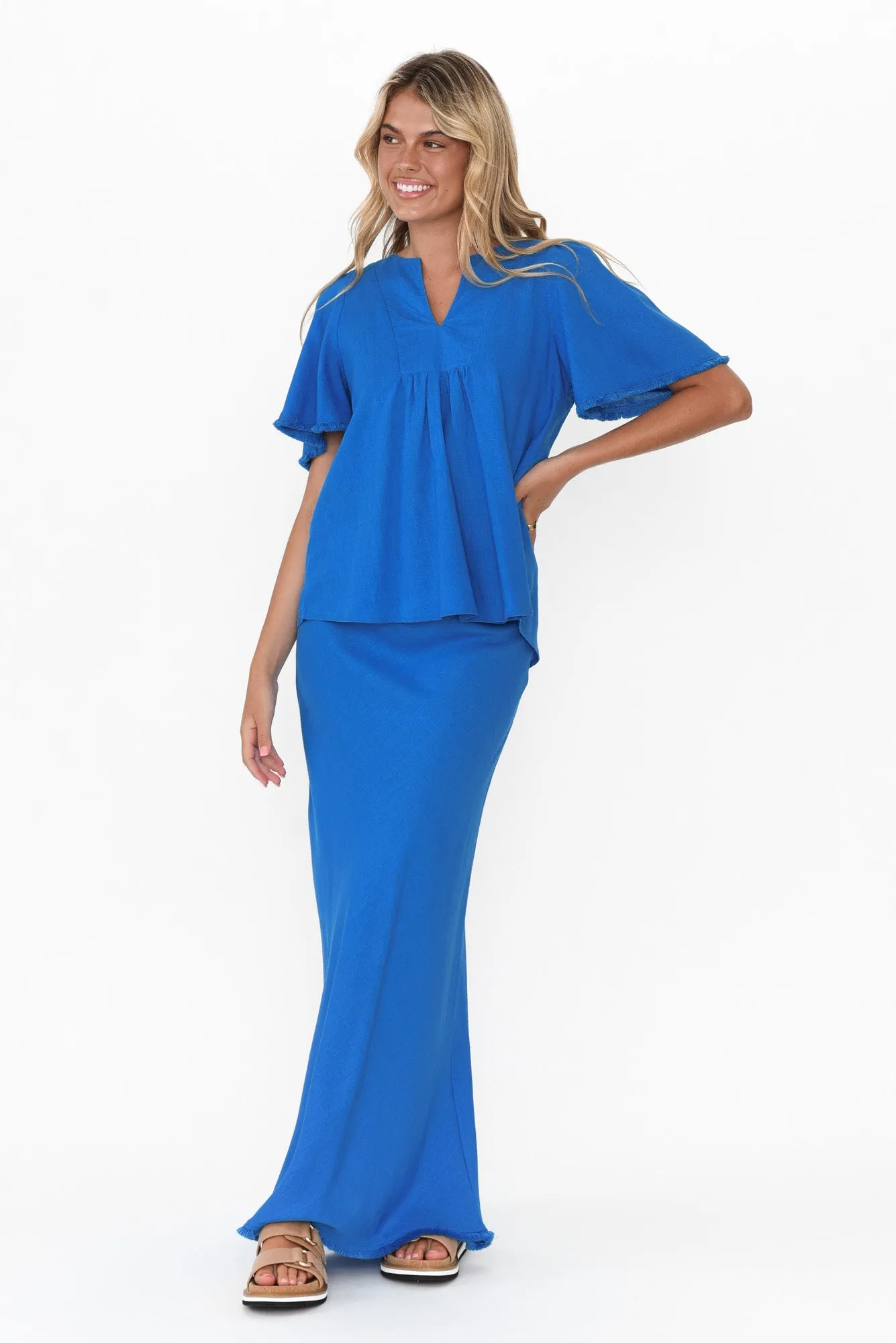 Casslyn Blue Linen Blend Maxi Skirt