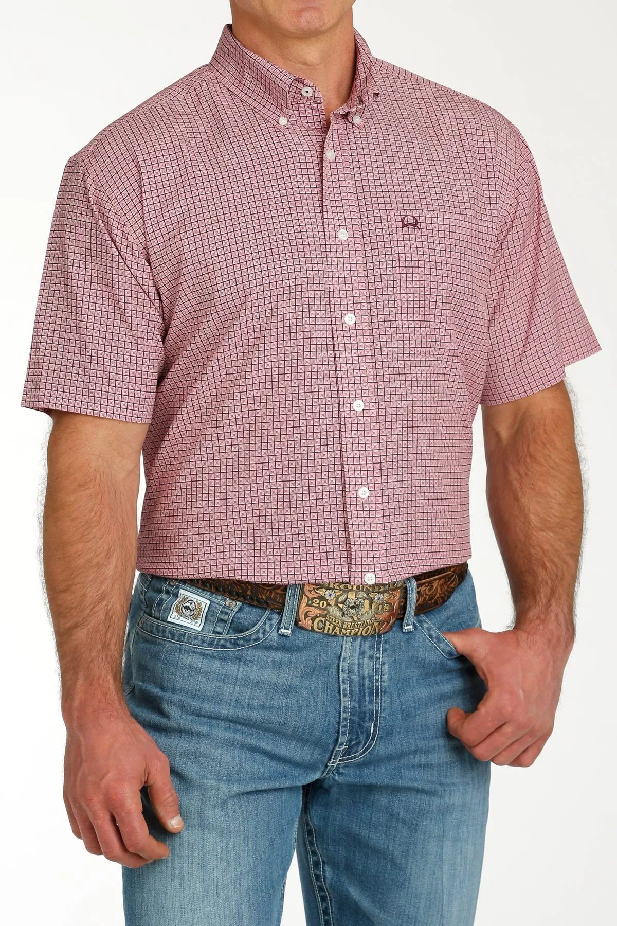 Cinch® Men's Pink Geoprint Lightweight Short Sleeve Button Front Shirt