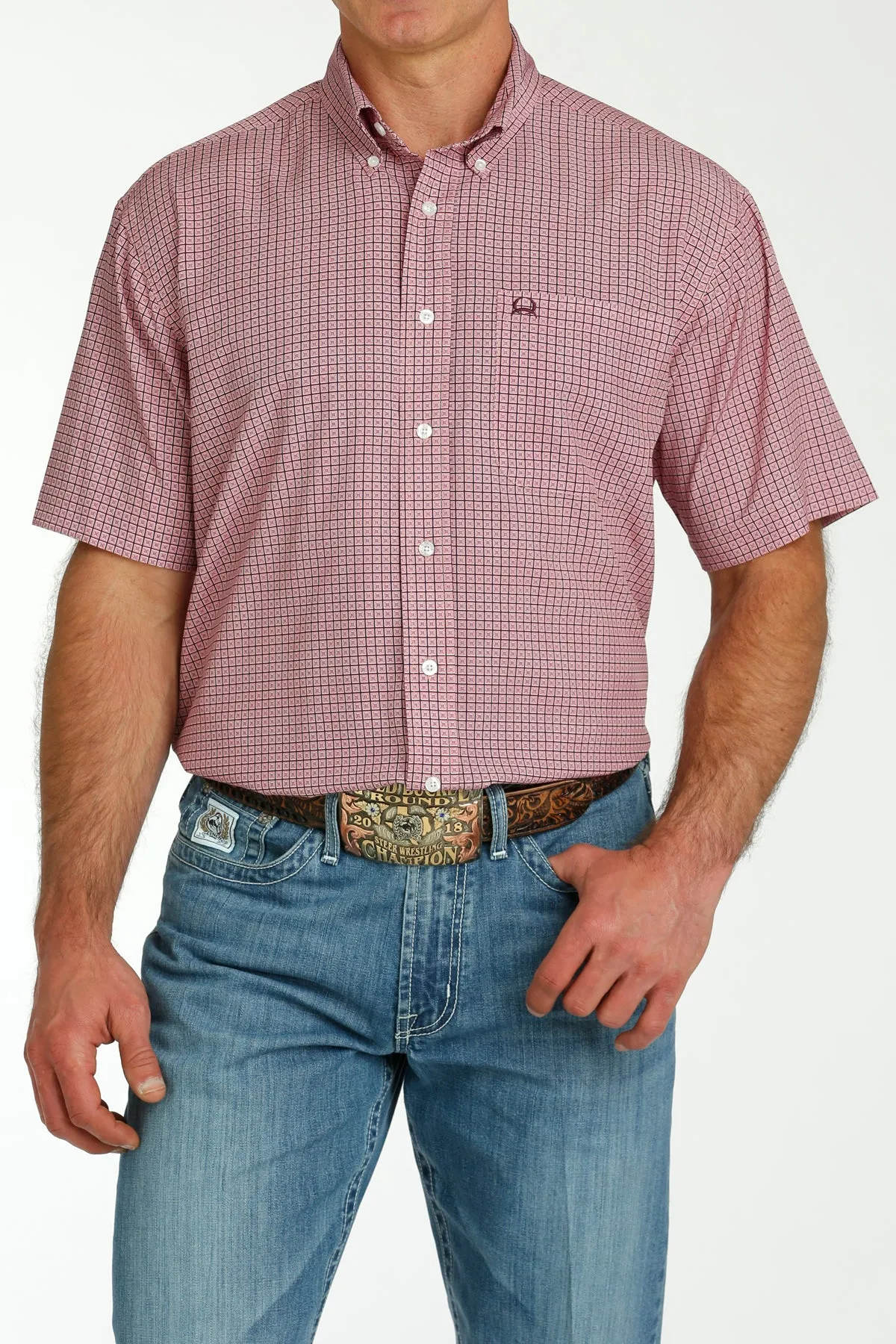 Cinch® Men's Pink Geoprint Lightweight Short Sleeve Button Front Shirt