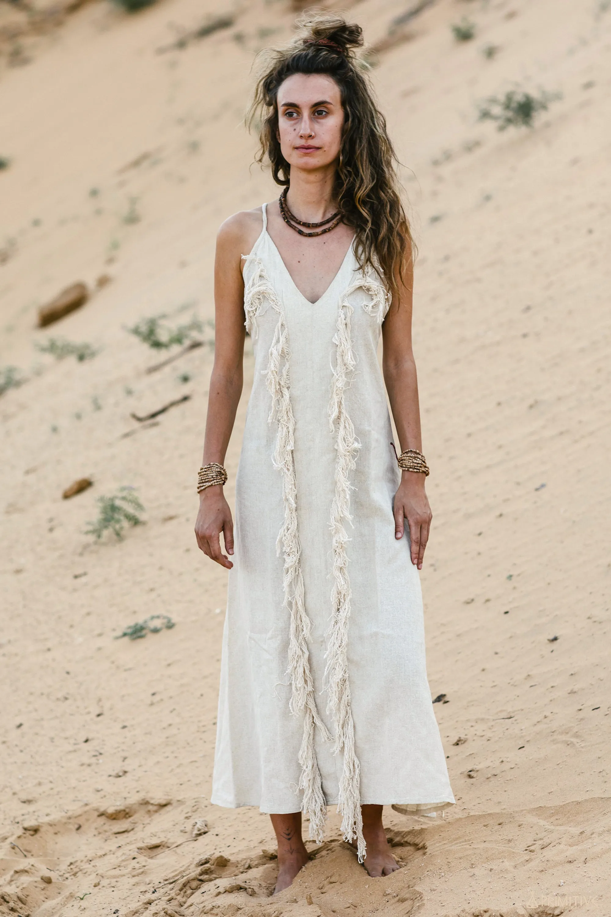 Fringed Long Desert Dress ⋙ Handwoven Raw Silk