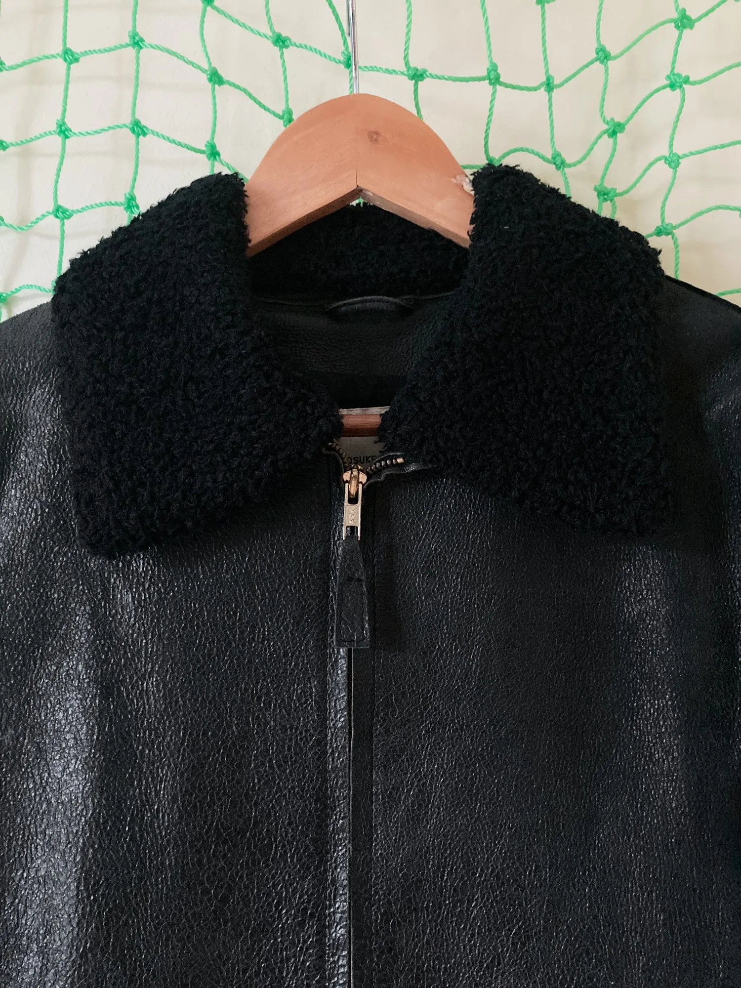 Kosuke Tsumura 1990s black leather zip coat with detachable faux fur collar