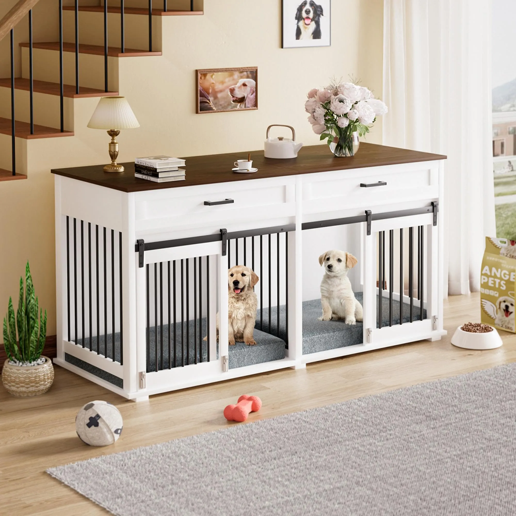 Large Dog Crate Furniture for 2 Dogs with Removable Divider, Double Wooden Dog Cage Table with 2 Large Drawers & Safety Locks, Decorative Indoor Dog Kennel Furniture, White