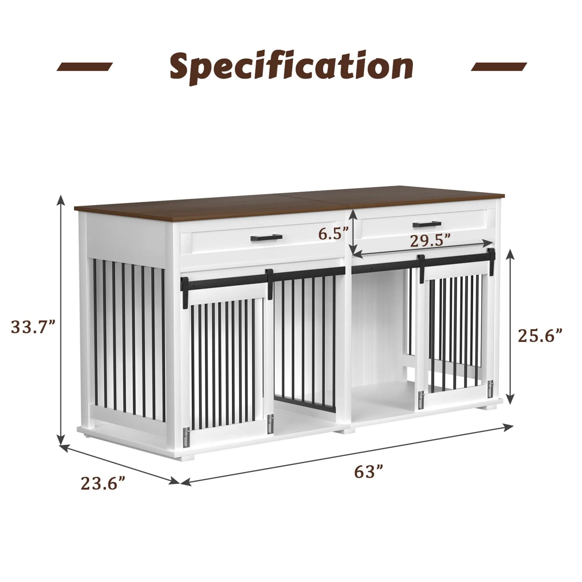 Large Dog Crate Furniture for 2 Dogs with Removable Divider, Double Wooden Dog Cage Table with 2 Large Drawers & Safety Locks, Decorative Indoor Dog Kennel Furniture, White