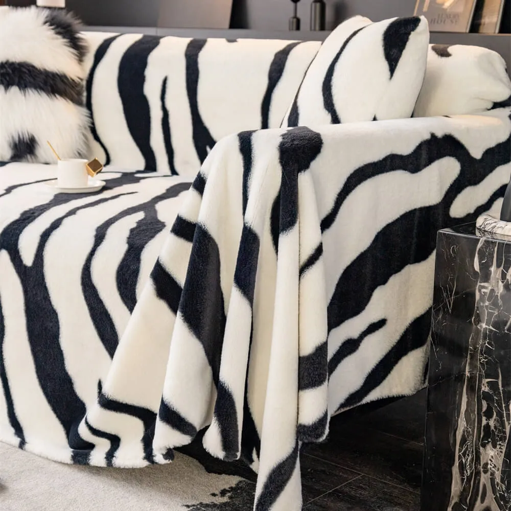 Luxurious Zebra-Print Fluffy Plush Sofa Protector Stylish Couch Cover