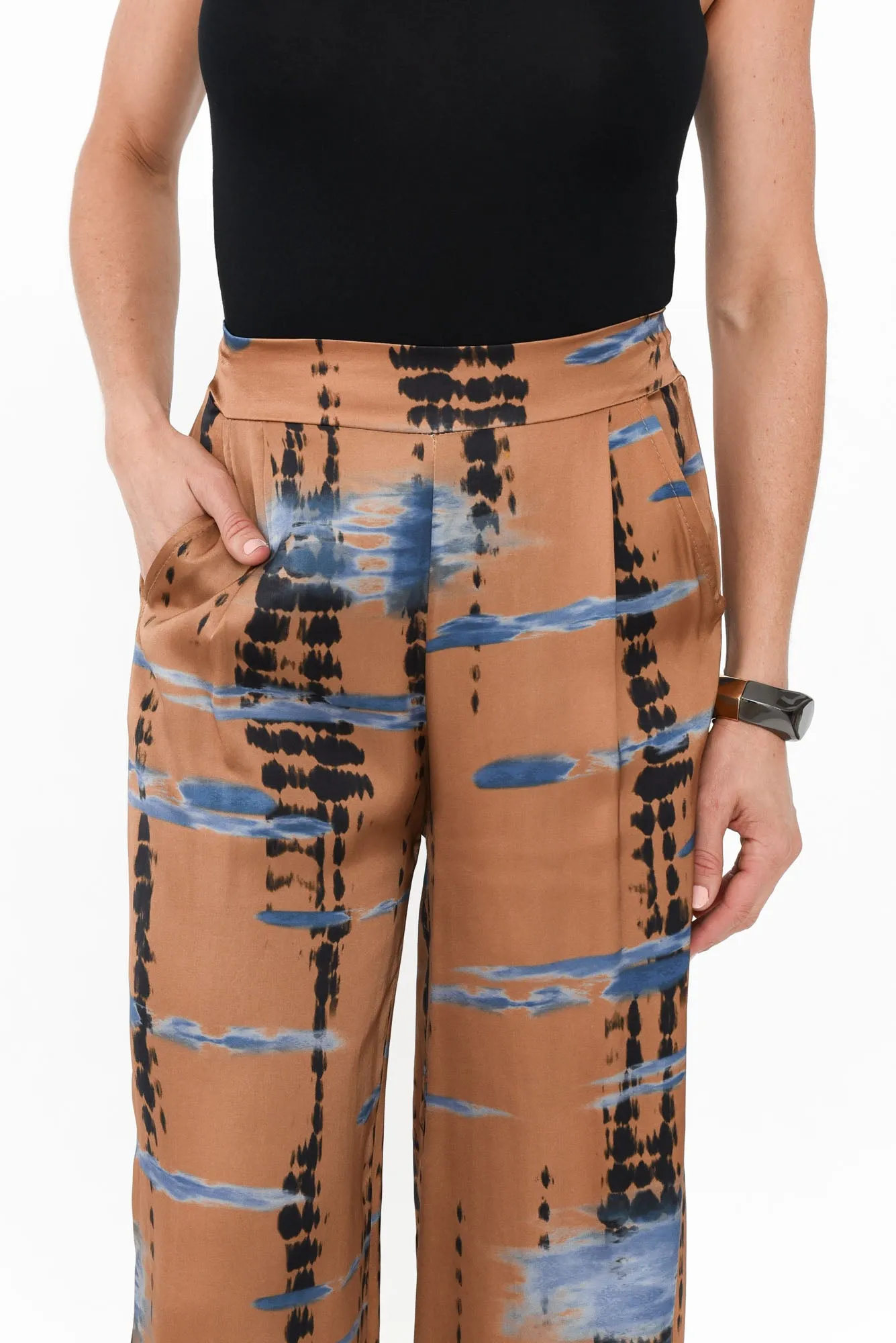 Monay Tan Abstract Silk Blend Pants