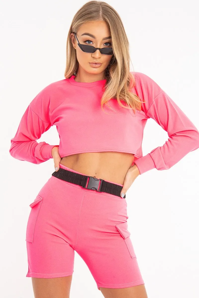 Neon Pink Crop Top And Shorts Co-ord Set - Fina