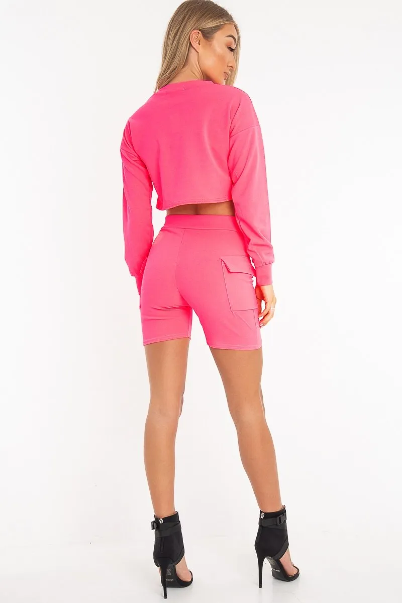 Neon Pink Crop Top And Shorts Co-ord Set - Fina