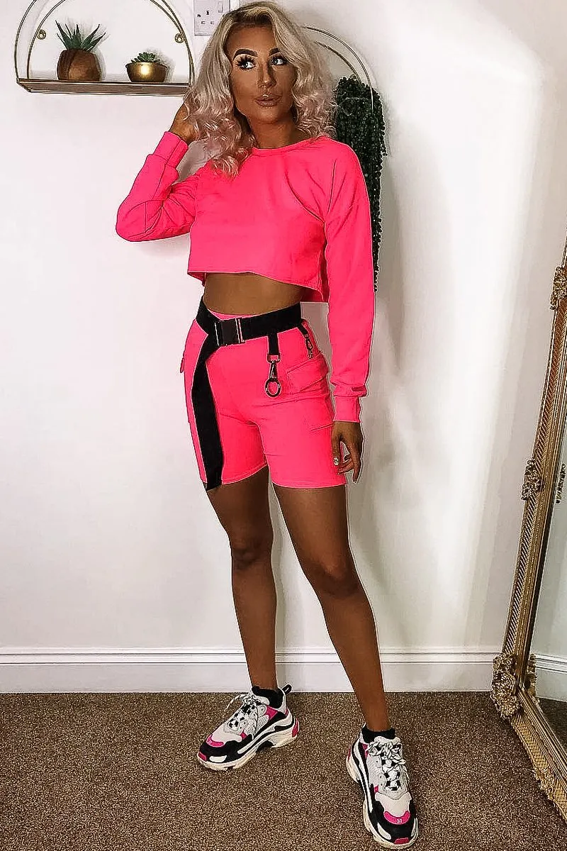 Neon Pink Crop Top And Shorts Co-ord Set - Fina