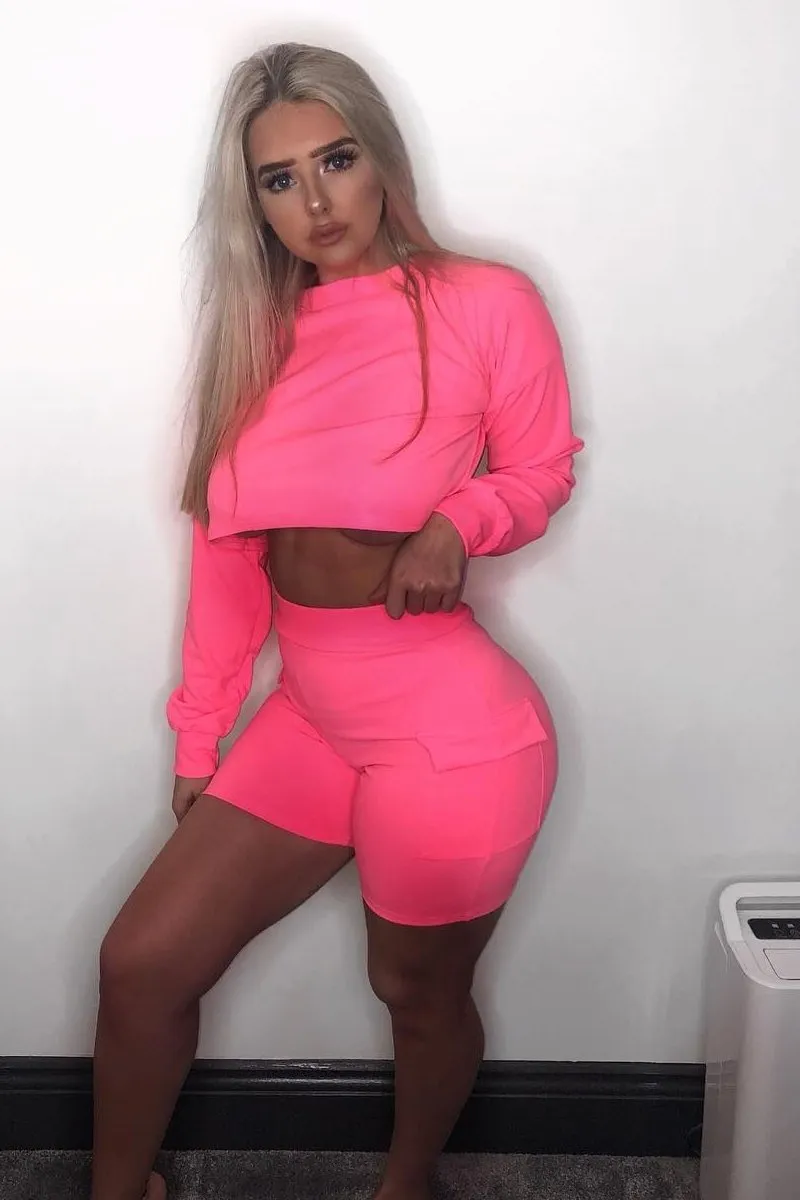 Neon Pink Crop Top And Shorts Co-ord Set - Fina