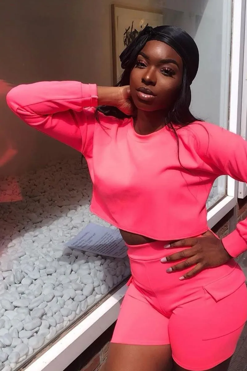 Neon Pink Crop Top And Shorts Co-ord Set - Fina