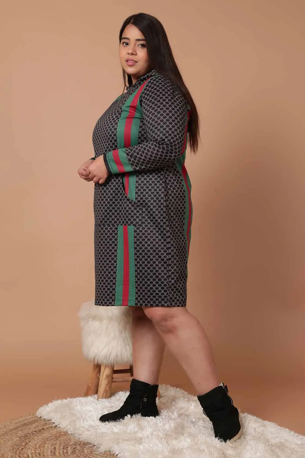 Plus Size Black Luxe Printed Sweatshirt Hoodie Winter Dress