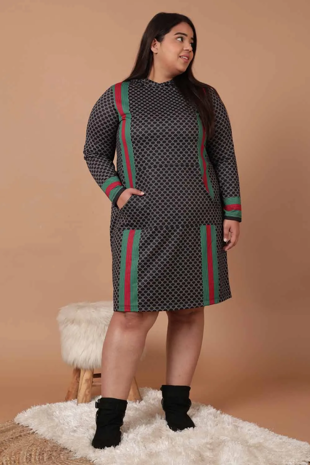 Plus Size Black Luxe Printed Sweatshirt Hoodie Winter Dress