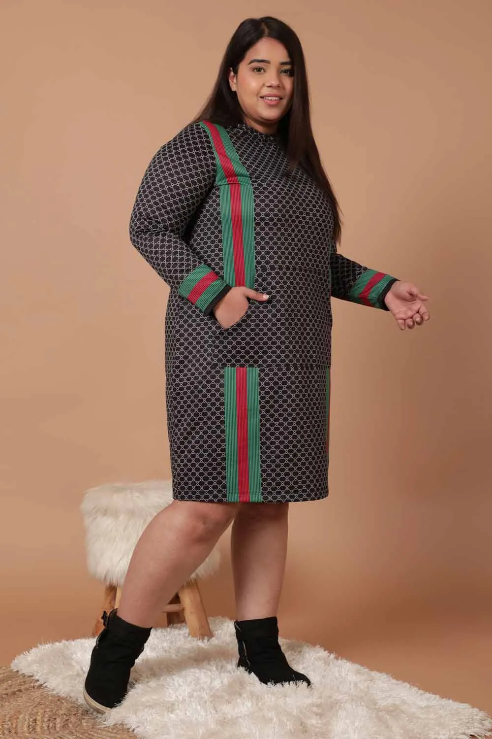 Plus Size Black Luxe Printed Sweatshirt Hoodie Winter Dress