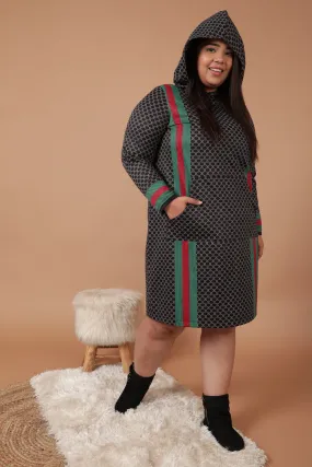 Plus Size Black Luxe Printed Sweatshirt Hoodie Winter Dress