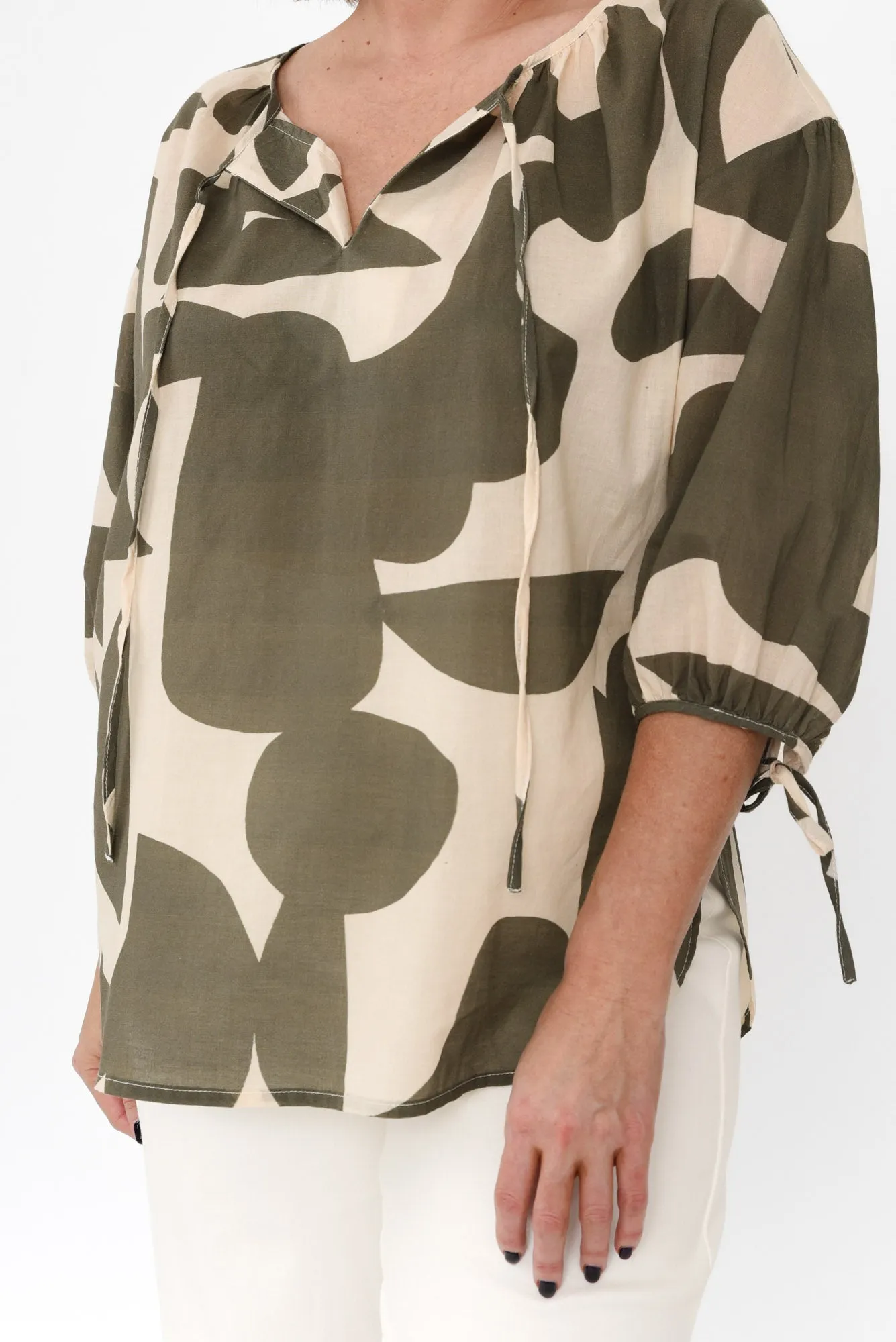 Roanne Khaki Geo Cotton Top