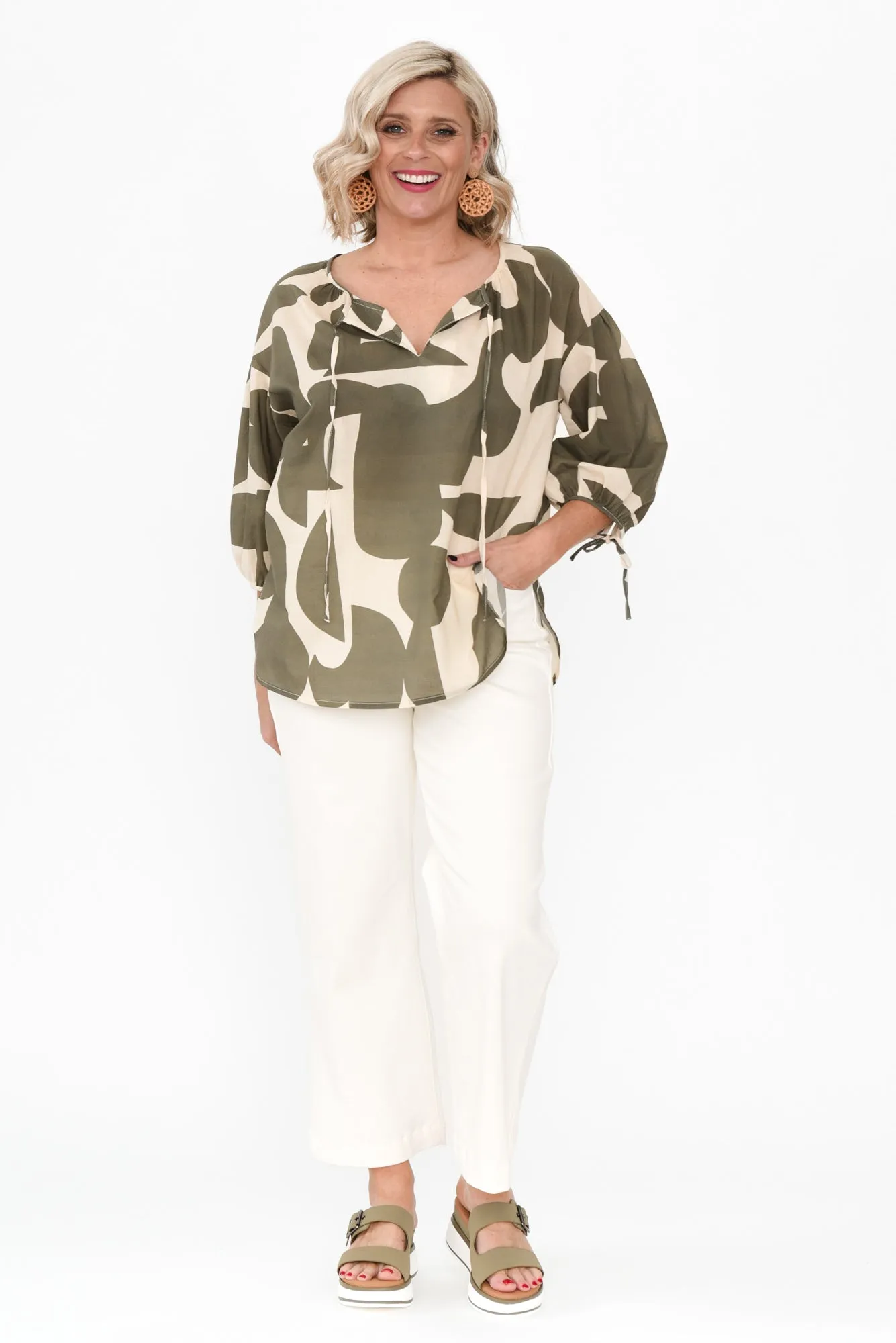 Roanne Khaki Geo Cotton Top