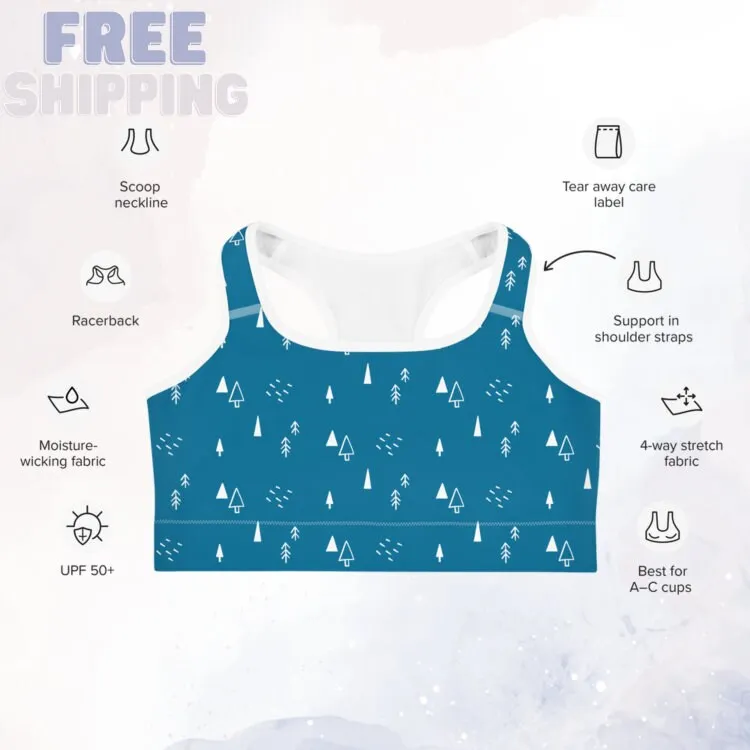 Scandinavian Forest Blue Sports Bra Winter Print