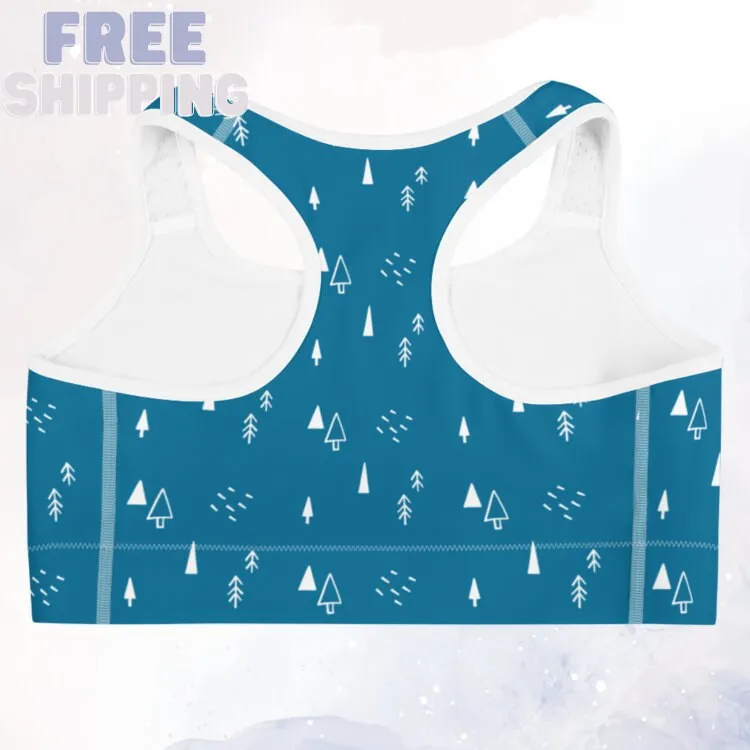 Scandinavian Forest Blue Sports Bra Winter Print